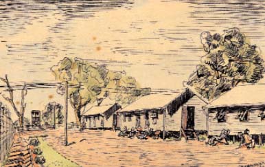 Drawing is of an interment camp in Australia where 2,550 men were sent after a voyage on HMS Dunera in appalling conditions