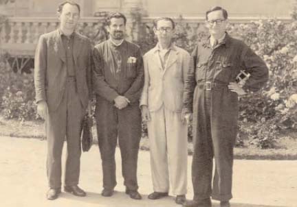 Four refugees interned on the Isle of Man, summer 1940. All were friends from Edinburgh, (left to right), marine biologist Willy Gross, doctor Max Sugar, composer and musicologist Hans Gal and dentist Hugo Schneider